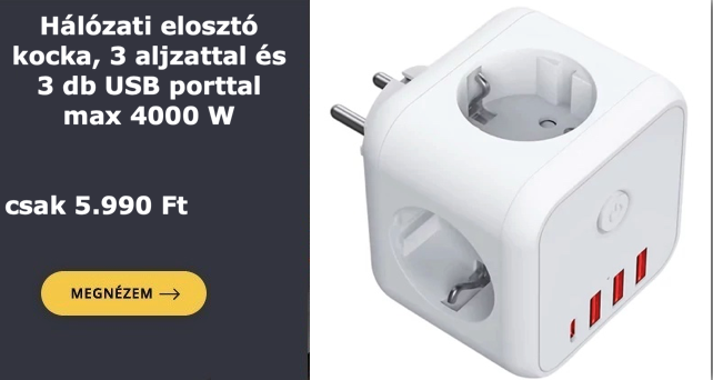 🌞 Hálózati elosztó kocka, 3 aljzattal és 3 USB porttal, 16A + 3.4A, 4000W csak 5.990 Ft